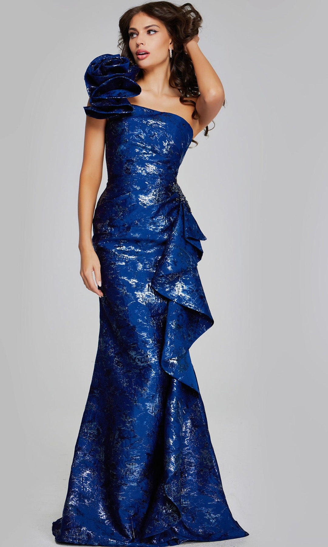 Jovani 39438 One Shoulder Metallic Ruffle Gown