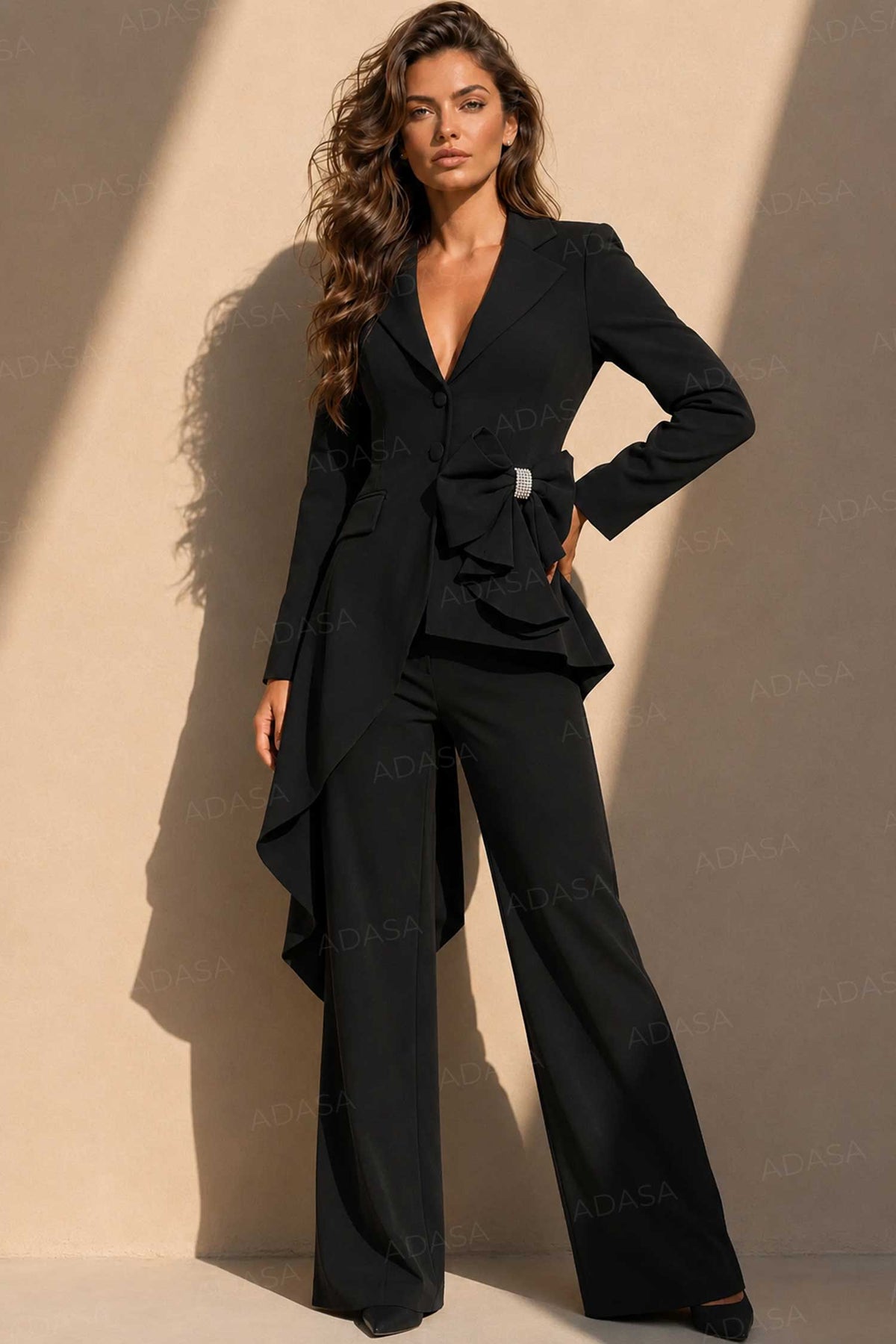 Jovani 39516 - Collared V-Neck Long Sleeve Pantsuit