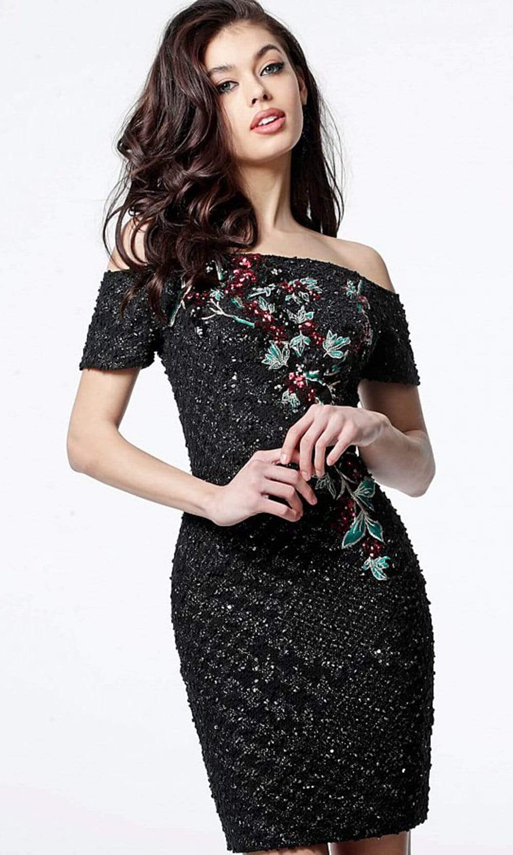 Jovani - 3968 Floral Sequined Off Shoulder Cocktail Dress Cocktail Dresses
