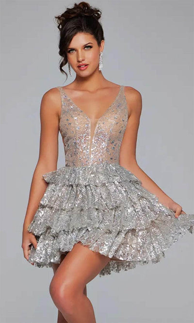 Jovani 39700 - Ruffled A-Line Cocktail Dress Special Occasion Dresses 00 /  Silver/Silver