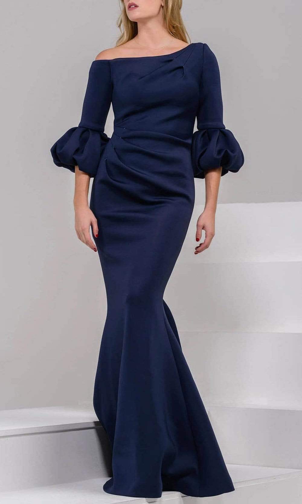 Jovani - 39739 Asymmetrical Pleat Detailed Trumpet Gown Mother of the Bride Dresses 0 / Navy