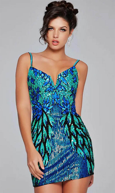 Jovani 39907 - Beaded Sequin Sheath Cocktail Dress Special Occasion Dresses 00 /  Black/Green Multi