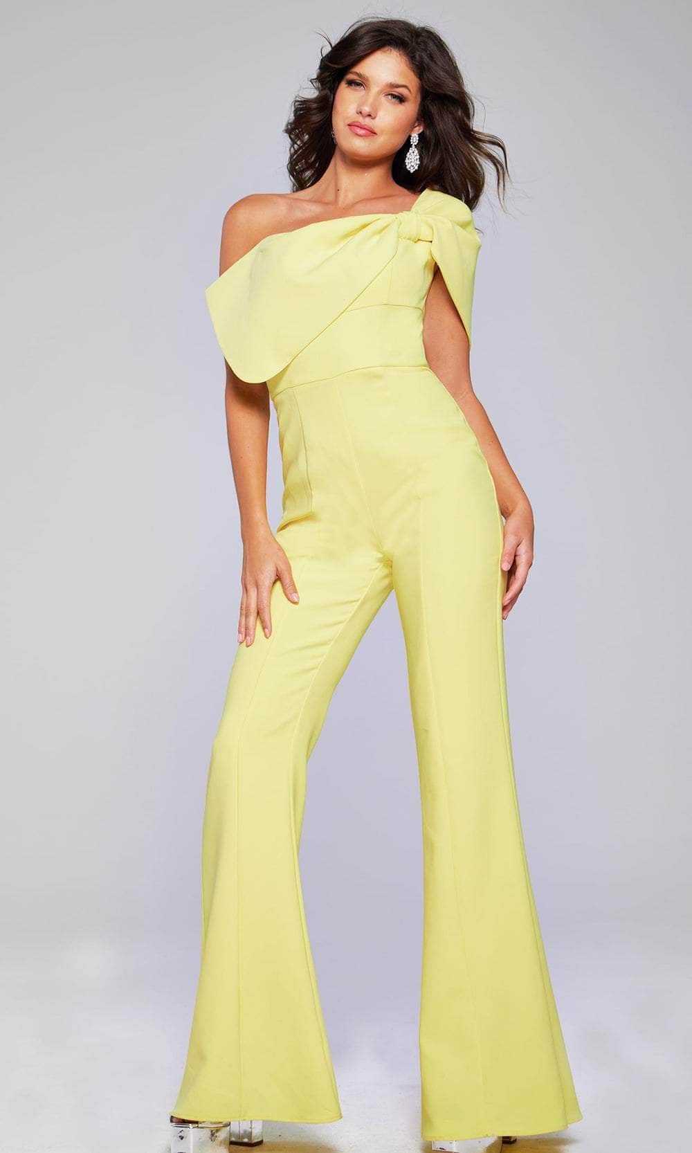 Jovani 39961 - Asymmetrical One-Sleeve Jumpsuit Special Occasion Dresses 00 /  Pale Yellow