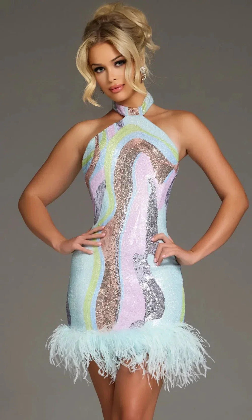 mini feather cocktail dress Jovani 26056 Mini Cocktail Feather Short Dress