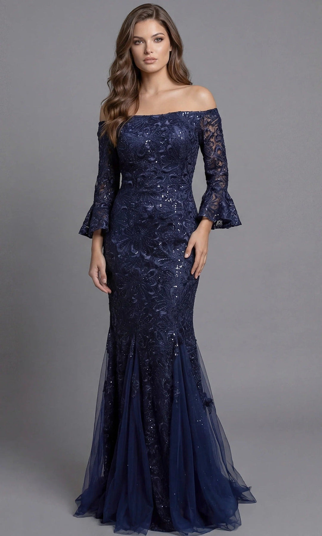 Jovani 40155 Allover Lace Three-Quarter Bell Sleeve Gown