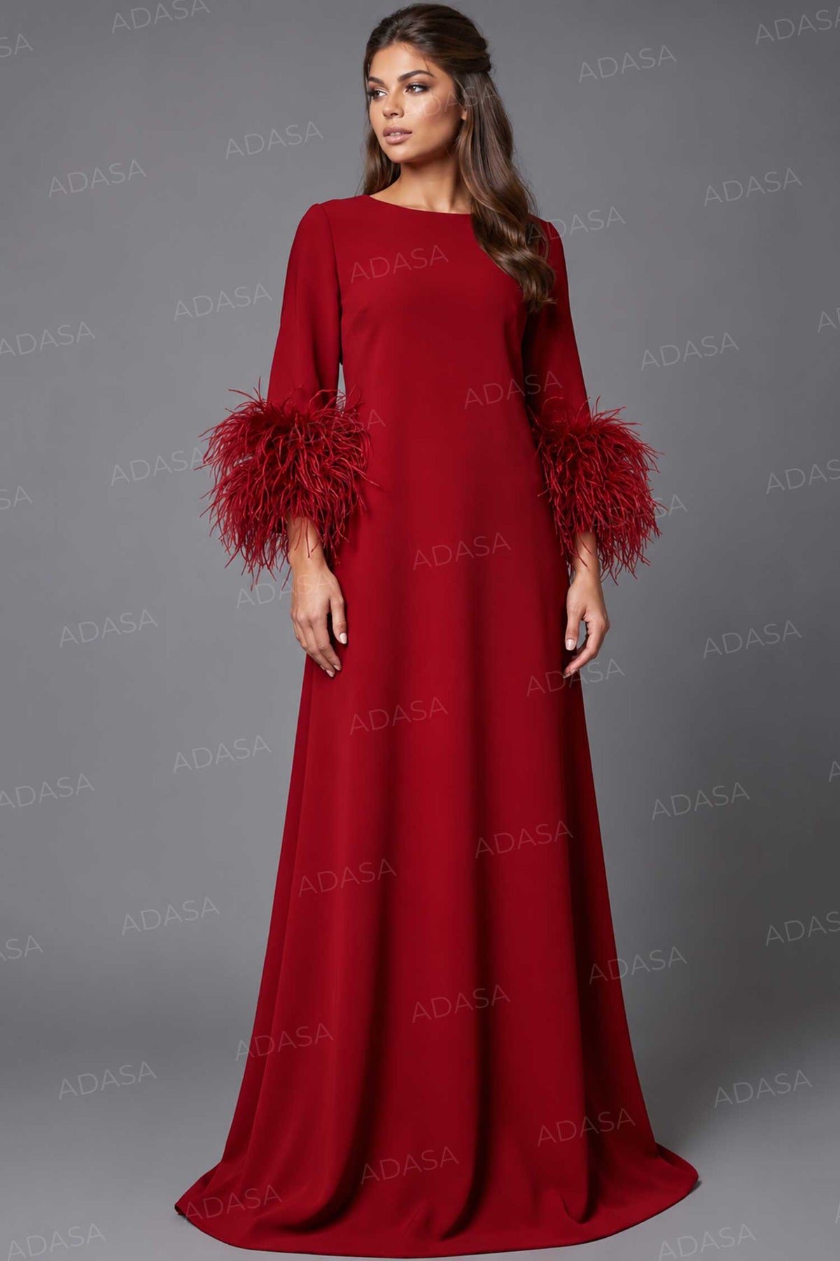 Jovani 40200 - A-Line Crepe Gown With Feather Cuffs