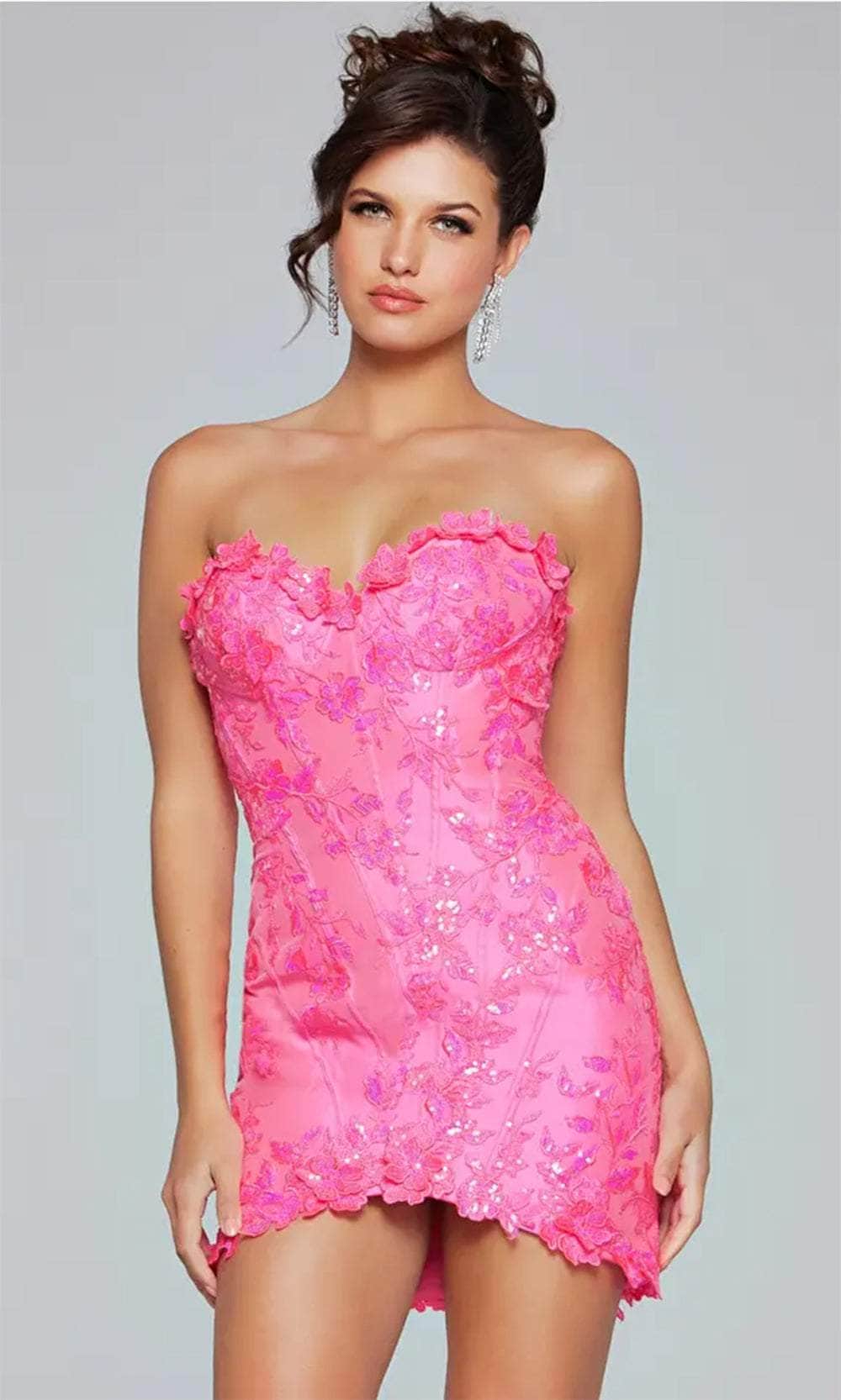 Jovani 40380 - Short Sheath Dress - Strapless, 3D Floral Appliques, Sequin, Lace, Piping Detail, Mid-Open Back, Back Zipper, Fitted 12 / Neon Pink Jovani 40380 - Short Sheath Dress - Strapless, 3D Floral Appliques, Sequin, Lace, Piping Detail, Mid-Open Back, Back Zipper, Fitted 12 / Neon Pink