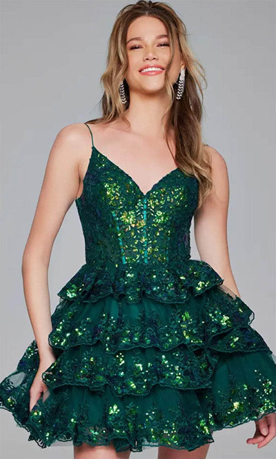 Jovani 40382 - Sequin Embellished V-Neck Cocktail Dress Special Occasion Dresses 00 /  Emerald