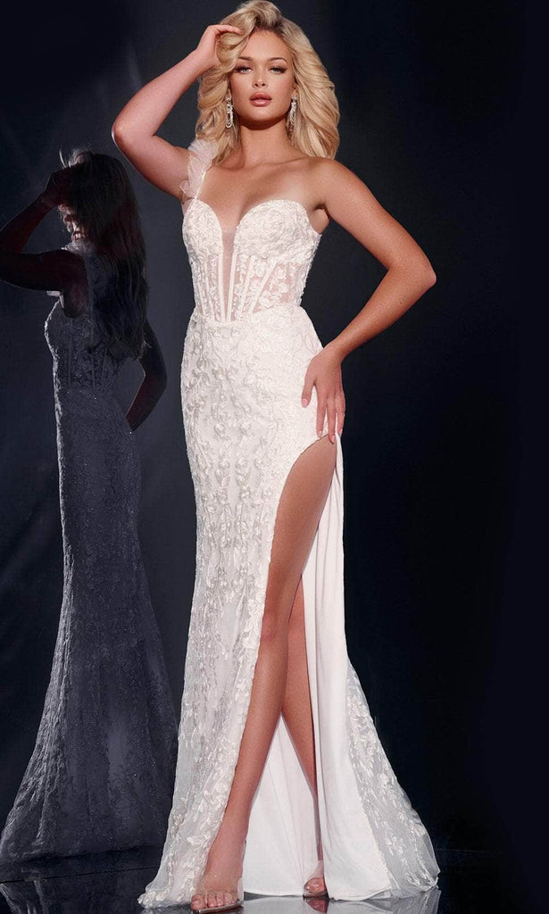 jovani white lace prom dress One Long Sleeve Beaded Embellishment Prom Gown by Jovani 24262 00 / Red