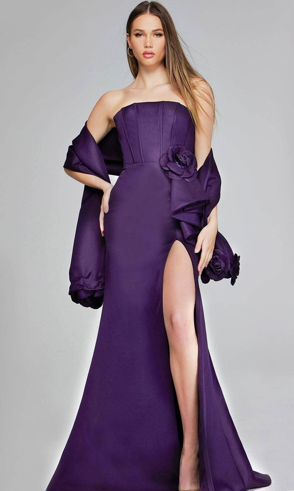 Jovani 40592 - Strapless Ruffled Peplum Evening Gown Special Occasion Dresses 00 /  Eggplant