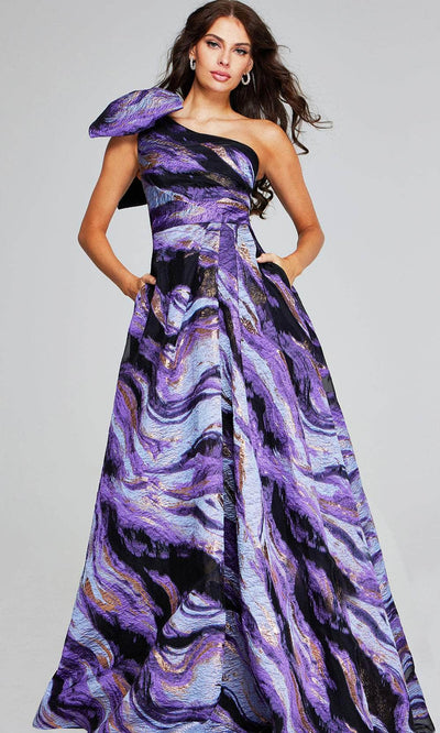 Jovani 40695 - Bow-Detailed Printed Prom Gown Special Occasion Dresses 00 /  Purple/Multi