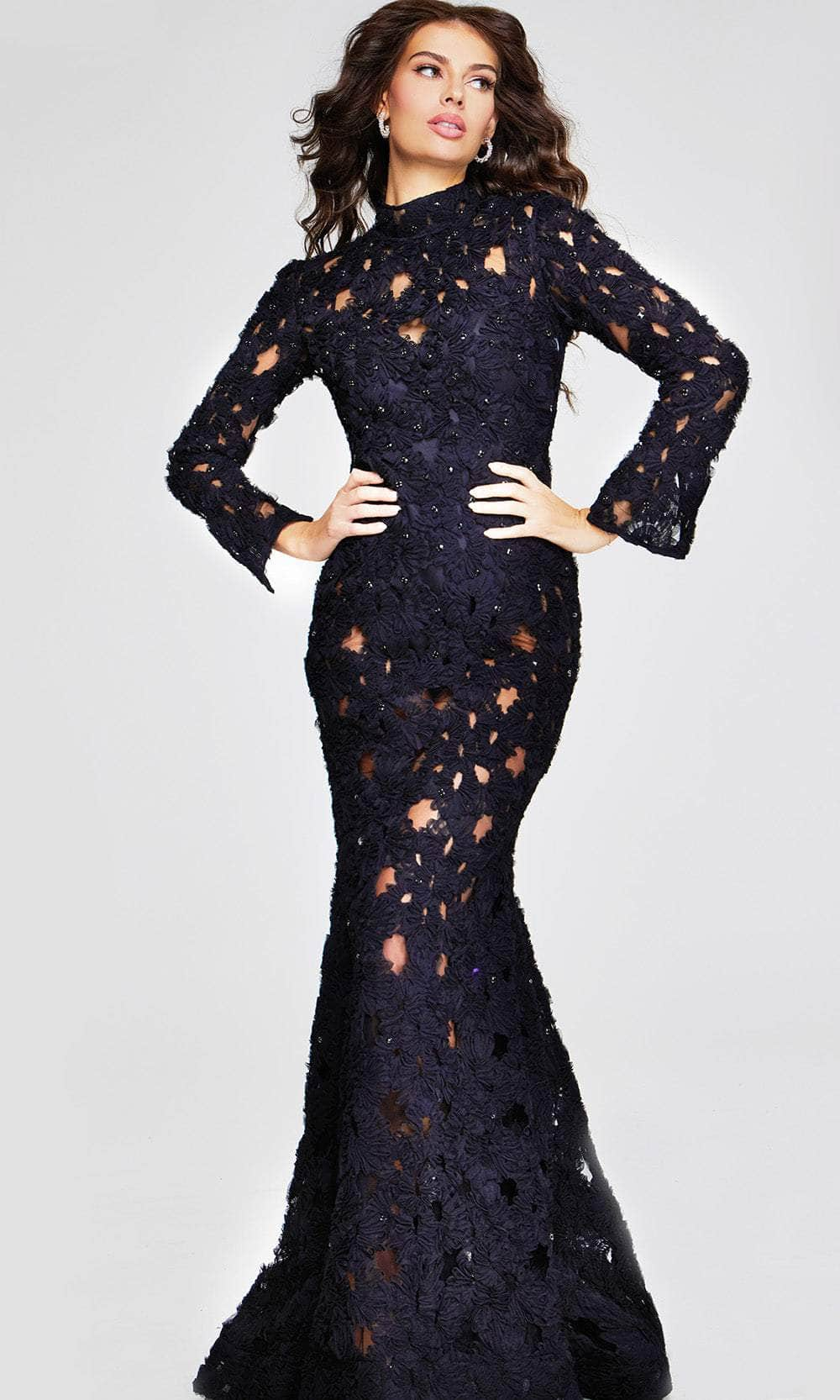 Jovani 40743 - Long Sleeve Lace Evening Gown Special Occasion Dresses 00 /  Black