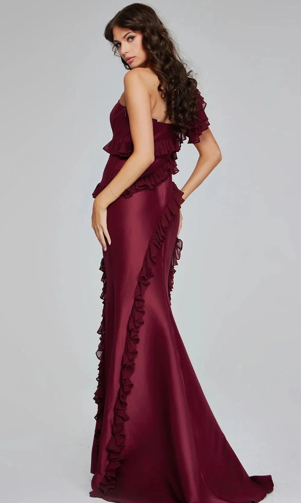 Jovani 40751 - Long Satin Mermaid Dress - One Shoulder Cap Sleeve, Ruffle Trim, Form-Fitting Silhouette, Asymmetric Design 14 / Burgundy Jovani 40751 - Long Satin Mermaid Dress - One Shoulder Cap Sleeve, Ruffle Trim, Form-Fitting Silhouette, Asymmetric Design 14 / Burgundy