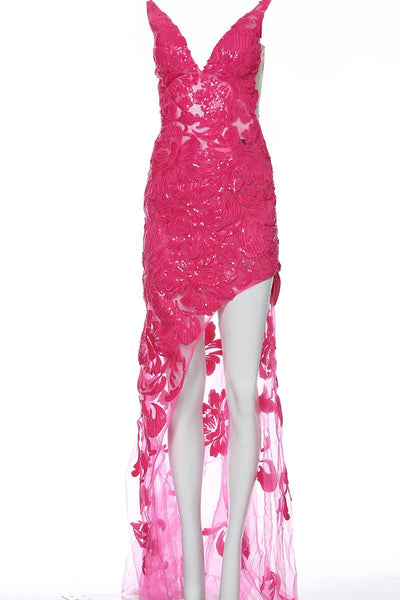 Jovani - 4084 Floral Sequin Appliqued Fitted High Low Prom Dress Prom Dresses 00 / Hot-Pink