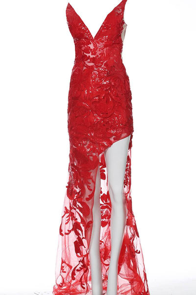 Jovani - 4084 Floral Sequin Appliqued Fitted High Low Prom Dress Prom Dresses 00 / Red