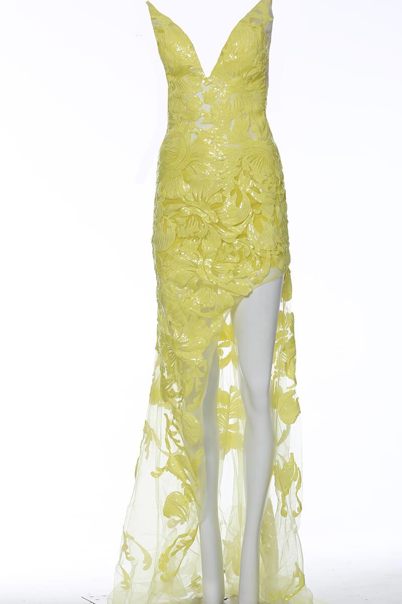 Jovani - 4084 Floral Sequin Appliqued Fitted High Low Prom Dress Prom Dresses 00 / Yellow