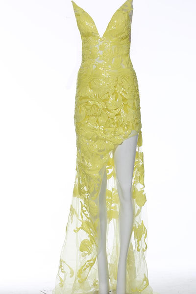 Jovani - 4084 Floral Sequin Appliqued Fitted High Low Prom Dress Prom Dresses 00 / Yellow