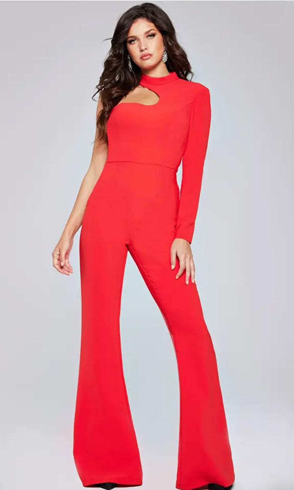 Jovani 41052 - One-Shoulder High Neck Jumpsuit Special Occasion Dress 00 / Orangy Red
