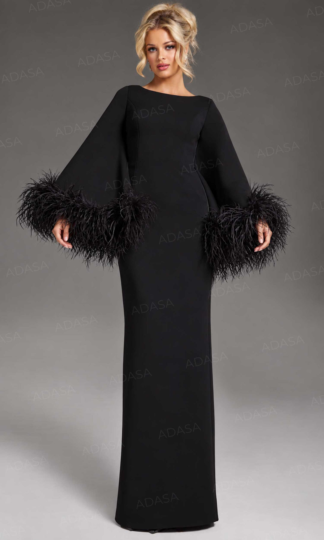 Jovani 41077 - Feather Trim Bateau Neck Evening Gown