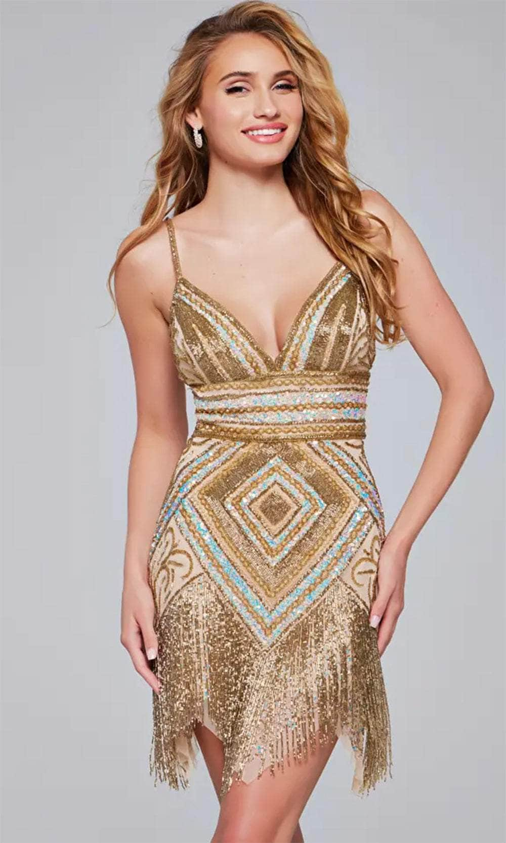 Jovani 41101 - Beaded Fringe V-Neck Cocktail Dress Special Occasion Dresses 00 /  Gold