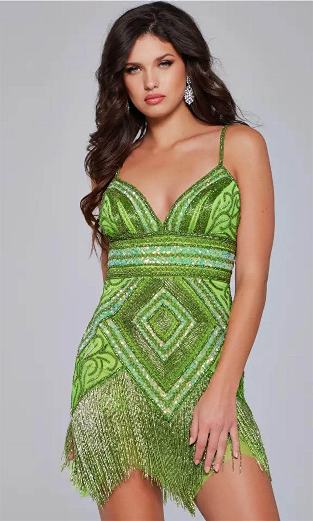 Jovani 41101 - Beaded Fringe V-Neck Cocktail Dress Special Occasion Dresses 00 /  Lime/Green