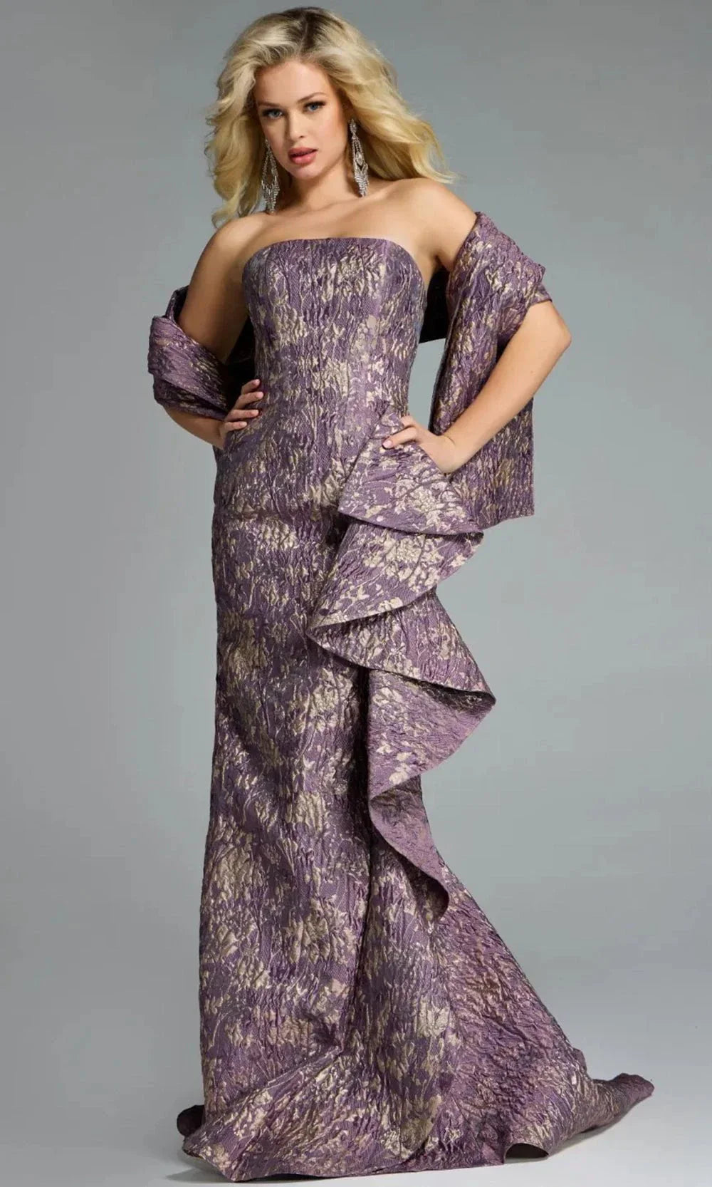 Jovani 41134 - Straight Neckline Textured Gown with Shawl Evening Dresses
