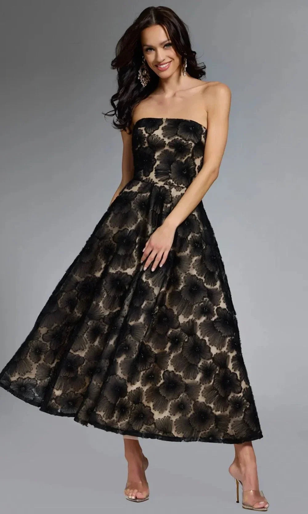 Jovani 41187 - Strapless Floral Embroidered Tea-Length Dress Semi Formal