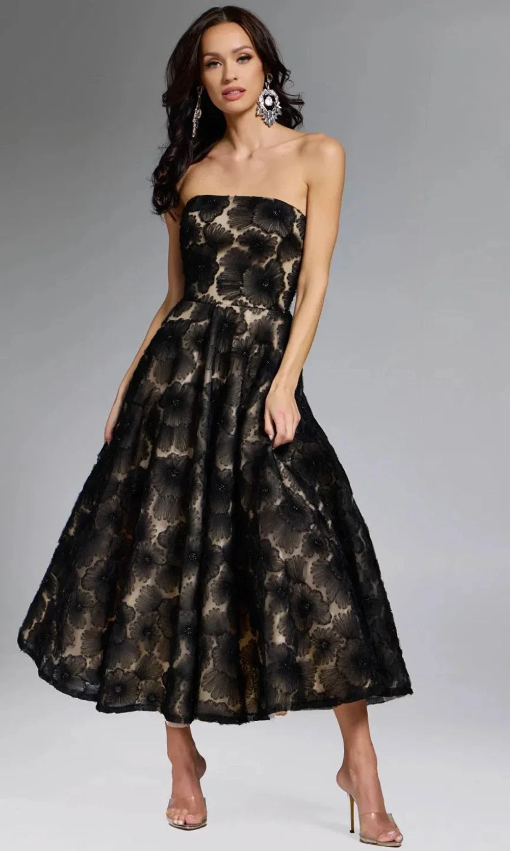 Jovani Floral Tea-Length Dress with Beaded Embroidery Black/Nude / 12 Jovani Floral Tea-Length Dress with Beaded Embroidery Black/Nude / 12
