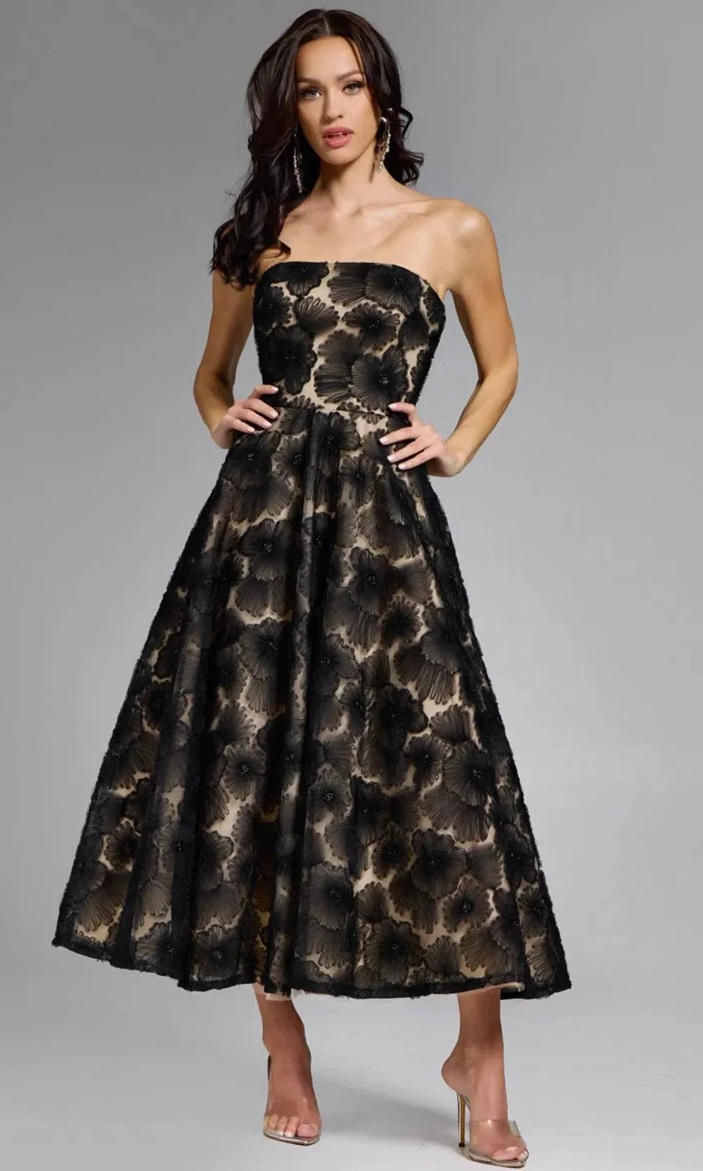 Jovani 41187 - Strapless Floral Embroidered Tea-Length Dress Semi Formal