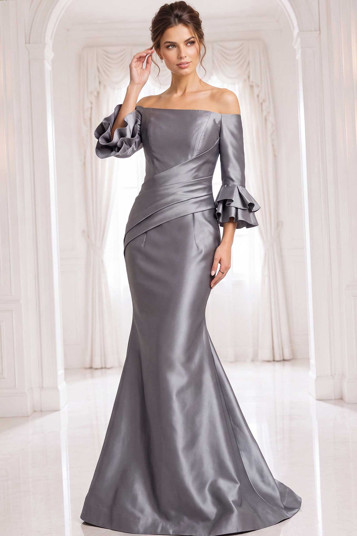 jovani 41190 - off shoulder draped satin evening gown