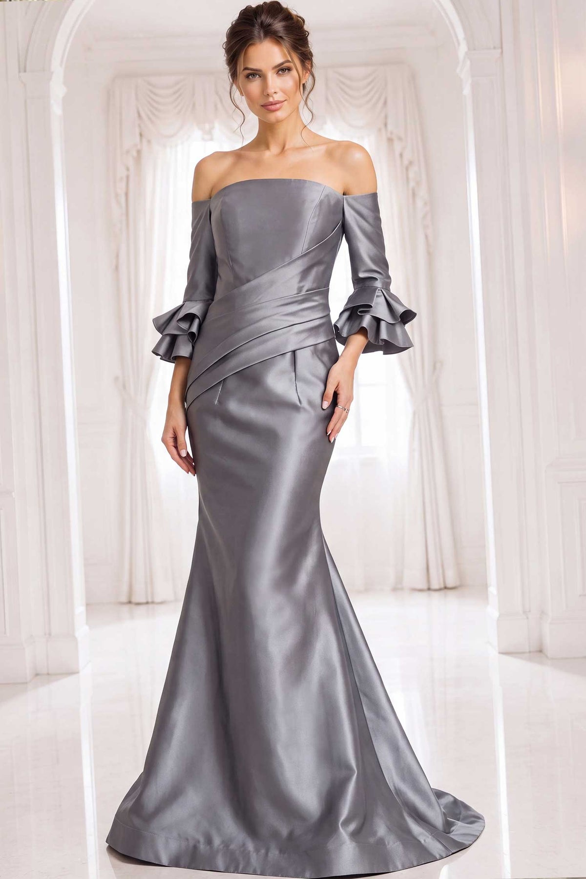 jovani 41190 - off shoulder draped satin evening gown