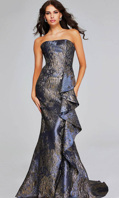 Jovani 42028 - Ruffled Accent Mermaid Evening Gown Special Occasion Dress 00 / Gunmetal/Gold