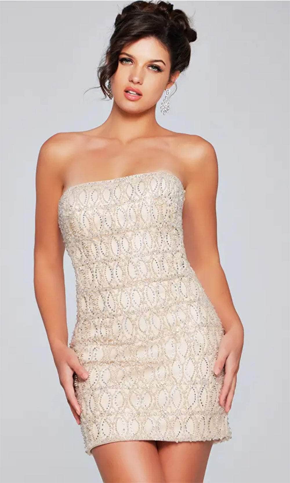 Jovani 42197 - Strapless Geometric Beaded Cocktail Dress Homecoming Dresses 00 / Nude