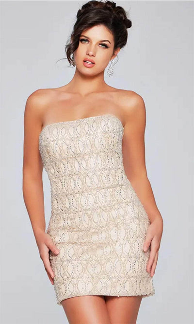 Jovani 42197 - Strapless Geometric Beaded Cocktail Dress Homecoming Dresses 00 / Nude