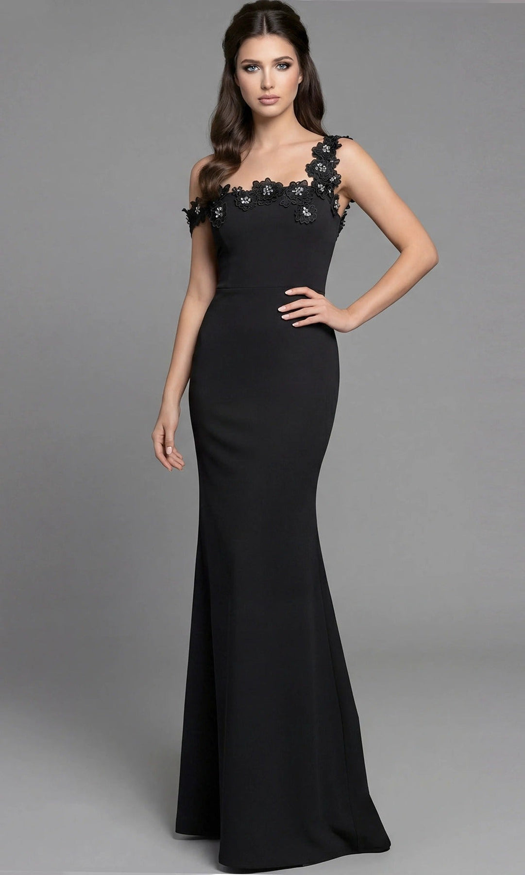 Jovani 42285 Floral Applique Asymmetric Fitted Gown