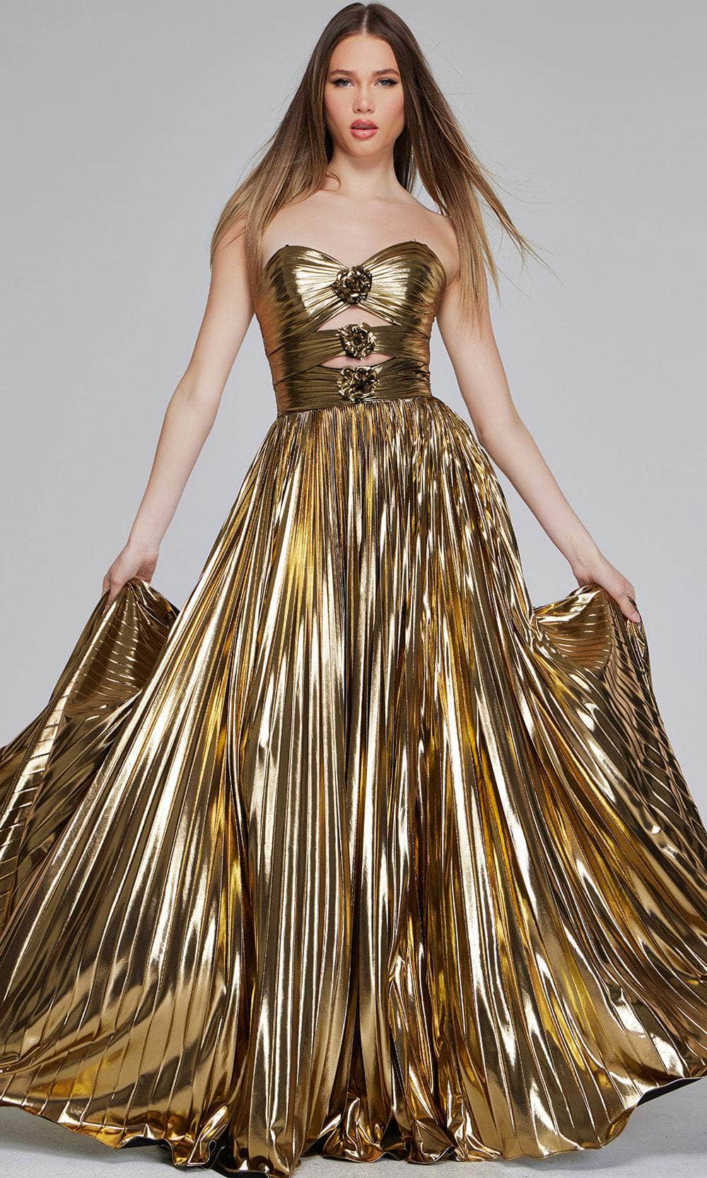 Jovani 42335 - Metallic Cutout Evening Gown Special Occasion Dress 00 / Gold