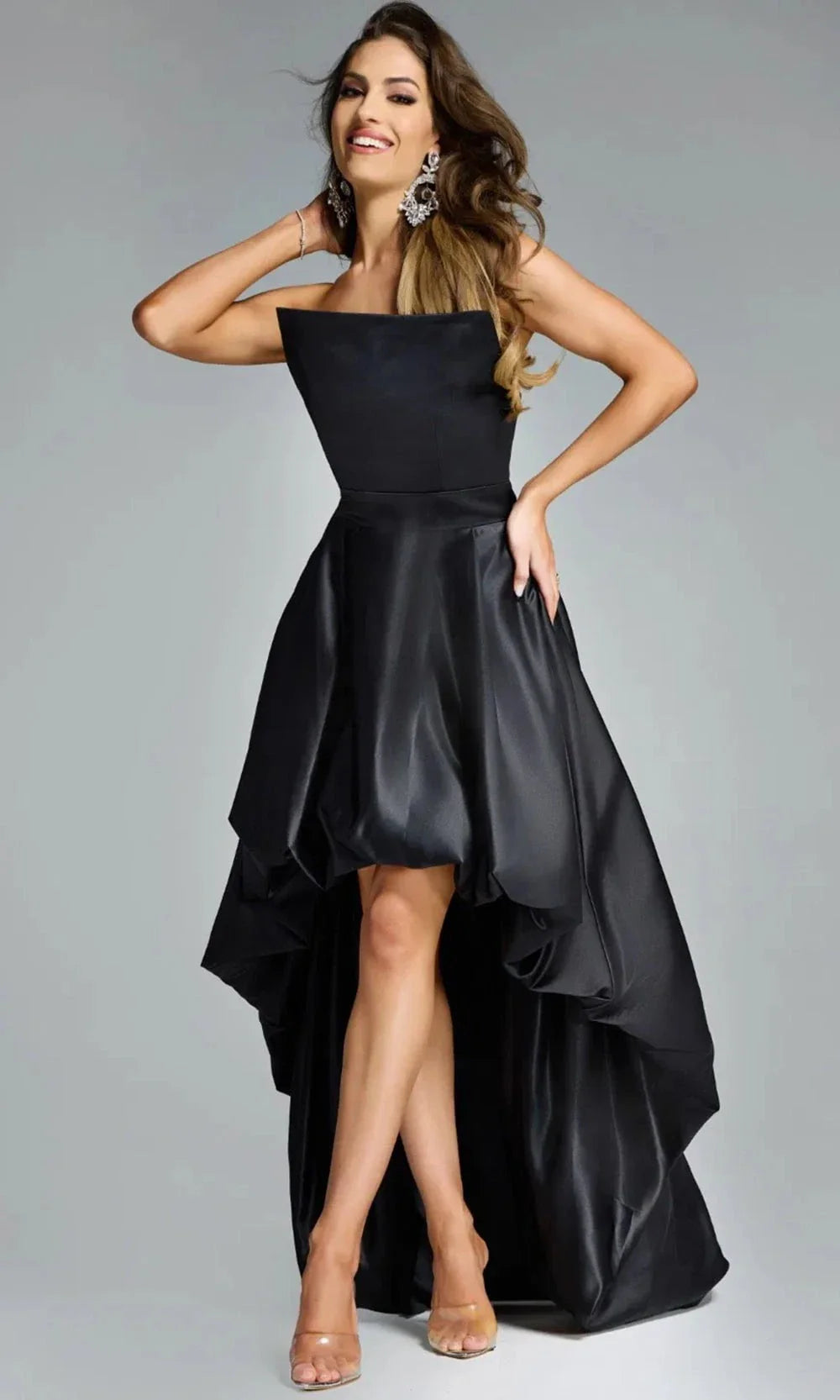 Jovani 42357 - High Low Satin A-line Dress - Strapless, Bubble Hem, Structured Bodice, Sheer Corset Back ADASA Jovani 42357 - High Low Satin A-line Dress - Strapless, Bubble Hem, Structured Bodice, Sheer Corset Back ADASA