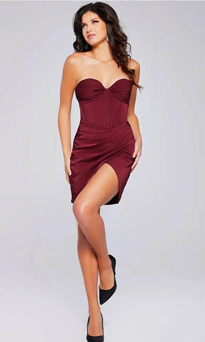 Jovani 42493 - Strapless Basque Waist Cocktail Dress Special Occasion Dresses 00 /  Burgundy