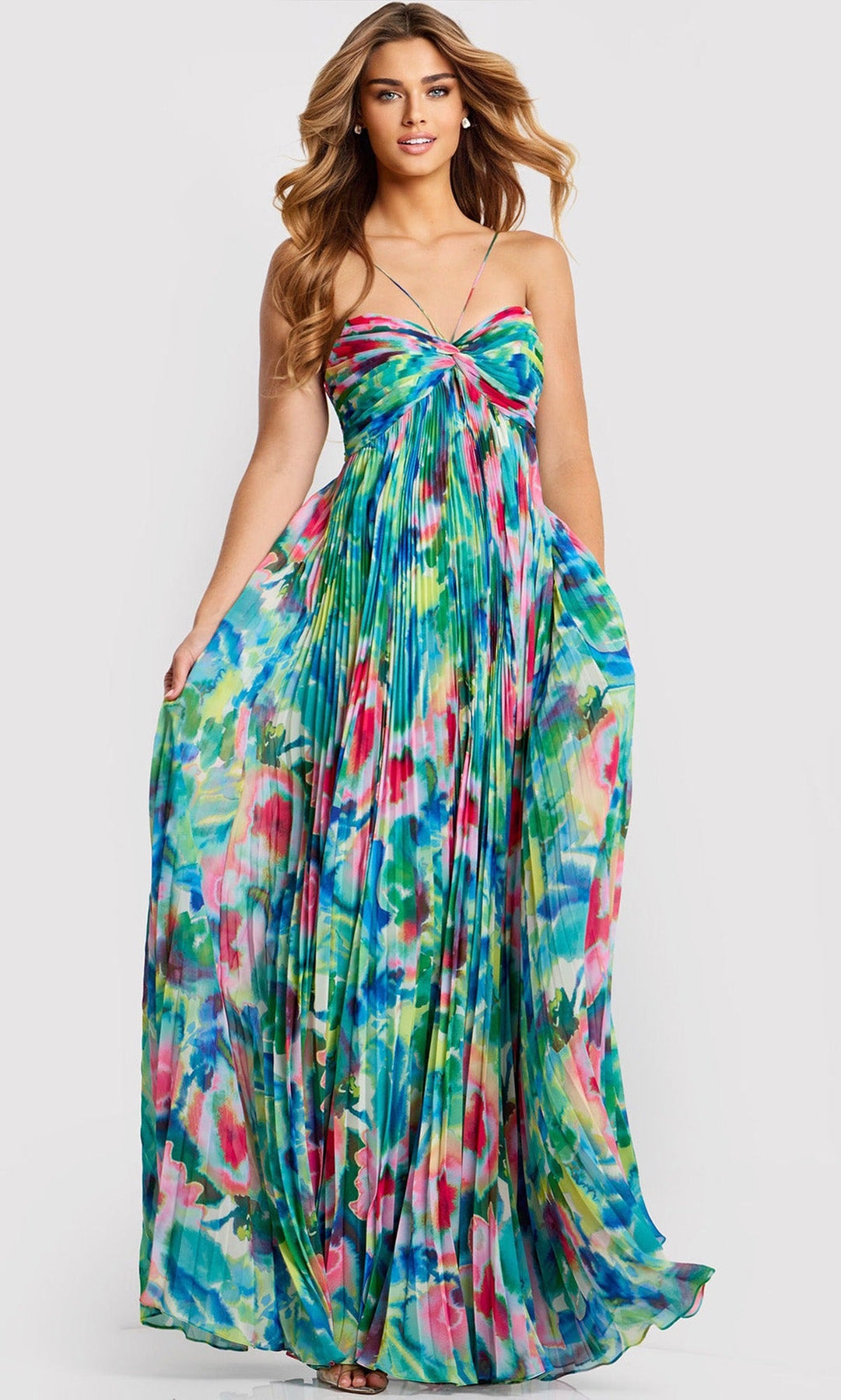 Jovani 42558 Floral Pleated A-Line Long Dress