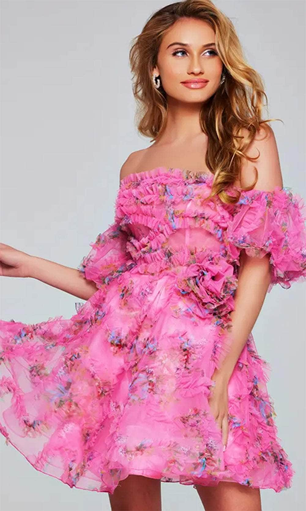 Jovani 42573 - Straight Across Floral Cocktail Dress Special Occasion Dresses 00 /  Hot-Pink