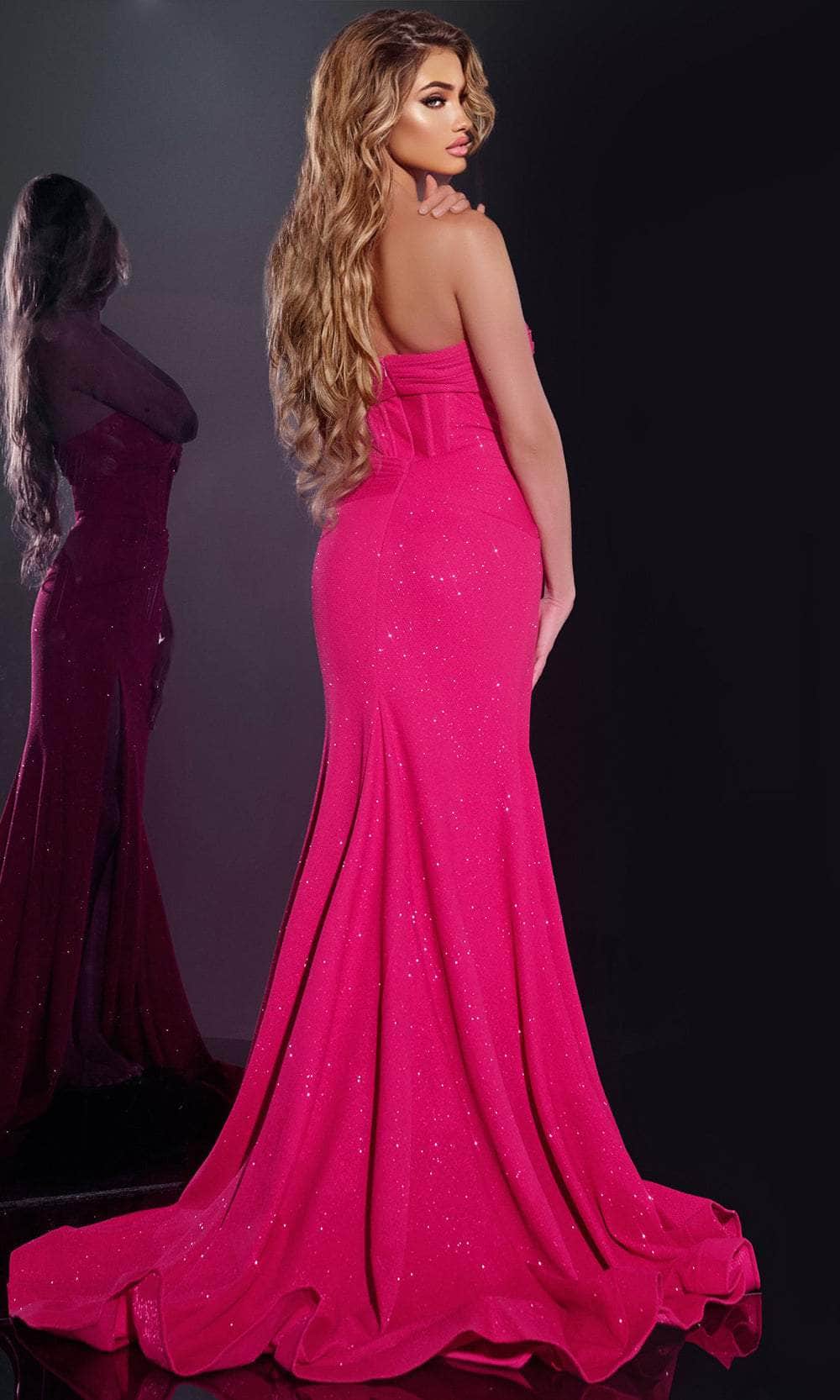 Jovani 43065 - Long Glitter Mesh Mermaid Dress - Strapless, Cutout, Corset Boning, Midrise Back, High Slit, Sweep Train ADASA Jovani 43065 - Long Glitter Mesh Mermaid Dress - Strapless, Cutout, Corset Boning, Midrise Back, High Slit, Sweep Train ADASA