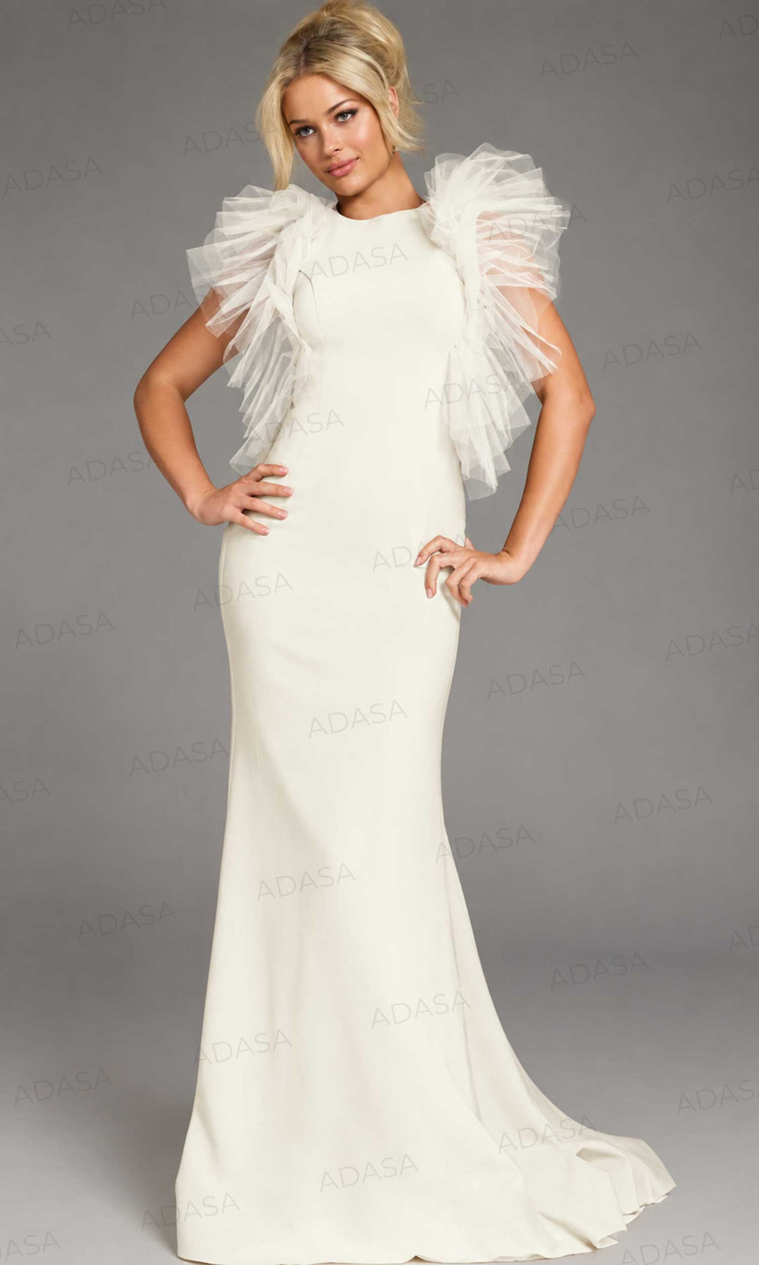 Jovani 43153 - Jewel Neckline Ruffle Sleeve Gown