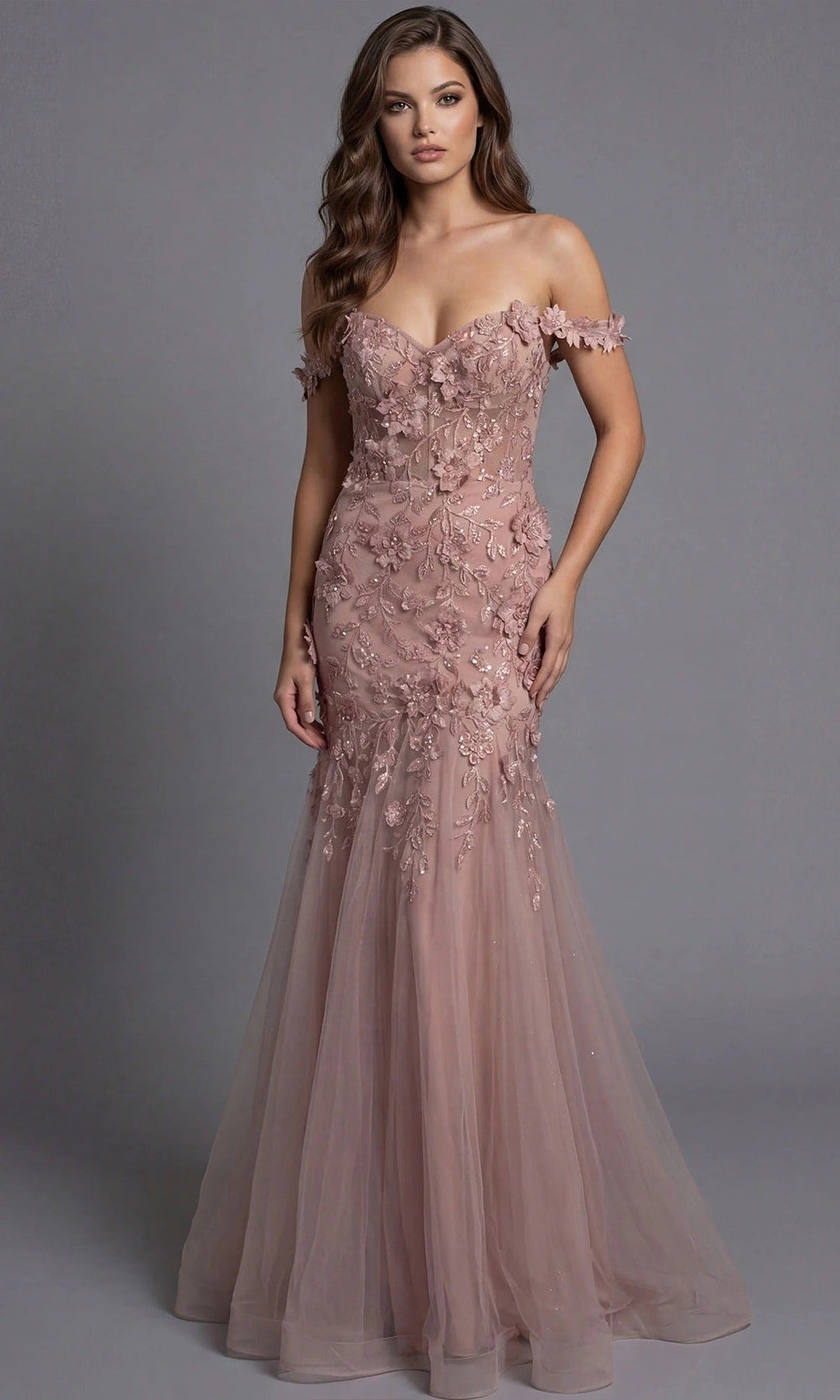 Jovani 43405 Floral Applique Mermaid Tulle Evening Gown