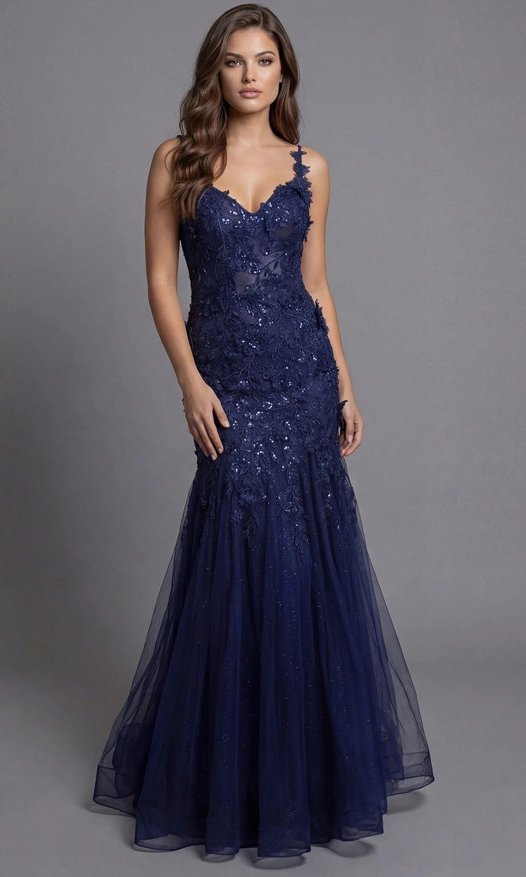Jovani 43405 Floral Applique Mermaid Tulle Evening Gown