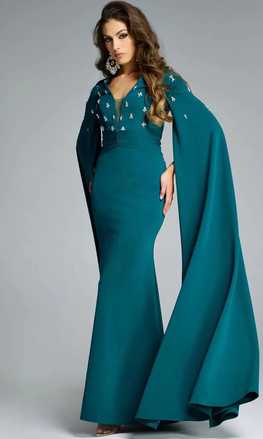 Jovani 43830 - Long Sheath Dress - Long Cape Sleeves, Bead Embellishments, Fitted, Full Back, Pleated Waistband ADASA Jovani 43830 - Long Sheath Dress - Long Cape Sleeves, Bead Embellishments, Fitted, Full Back, Pleated Waistband ADASA