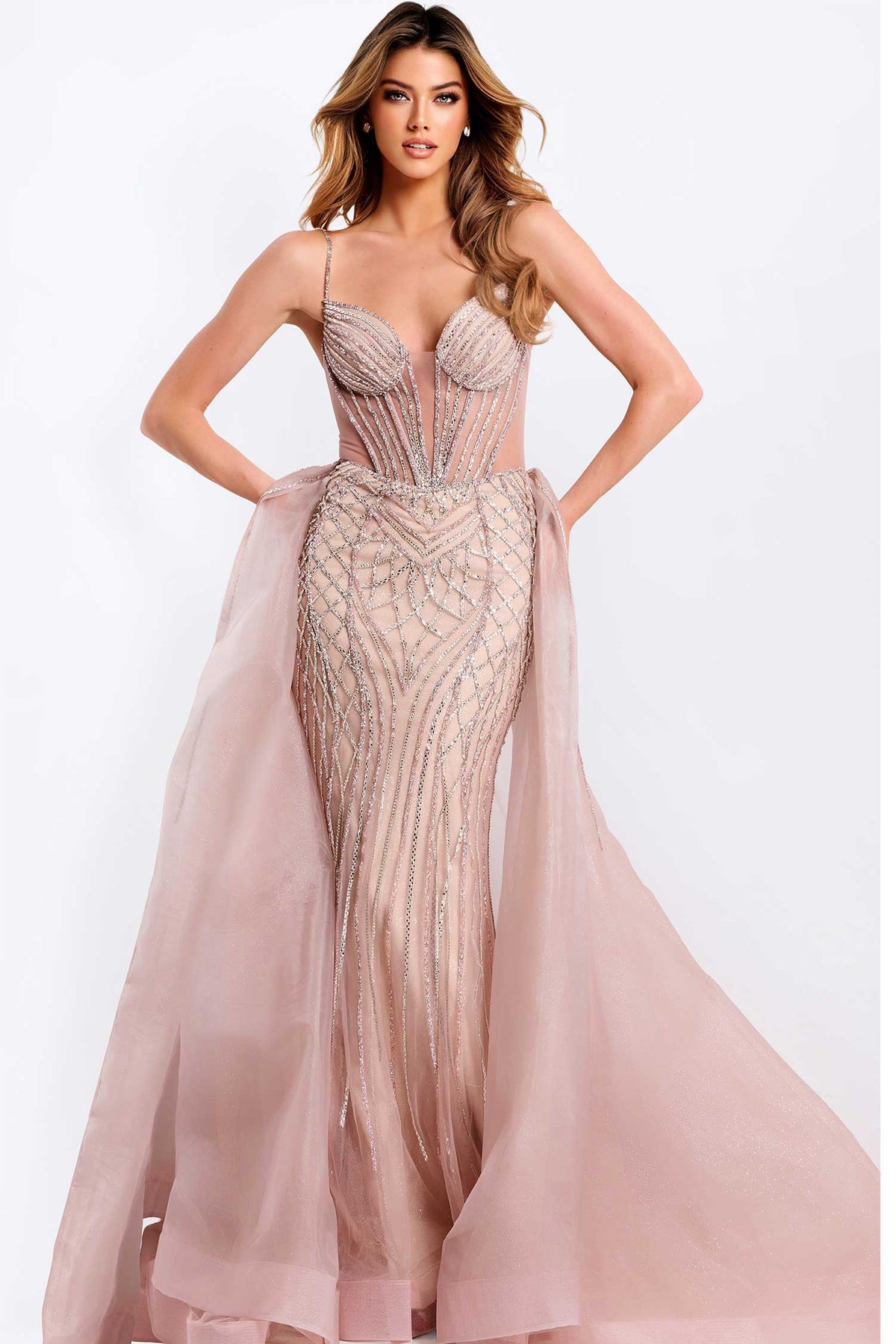 Jovani 43854 - Fully Beaded Sheath Gown with Corset Bodice