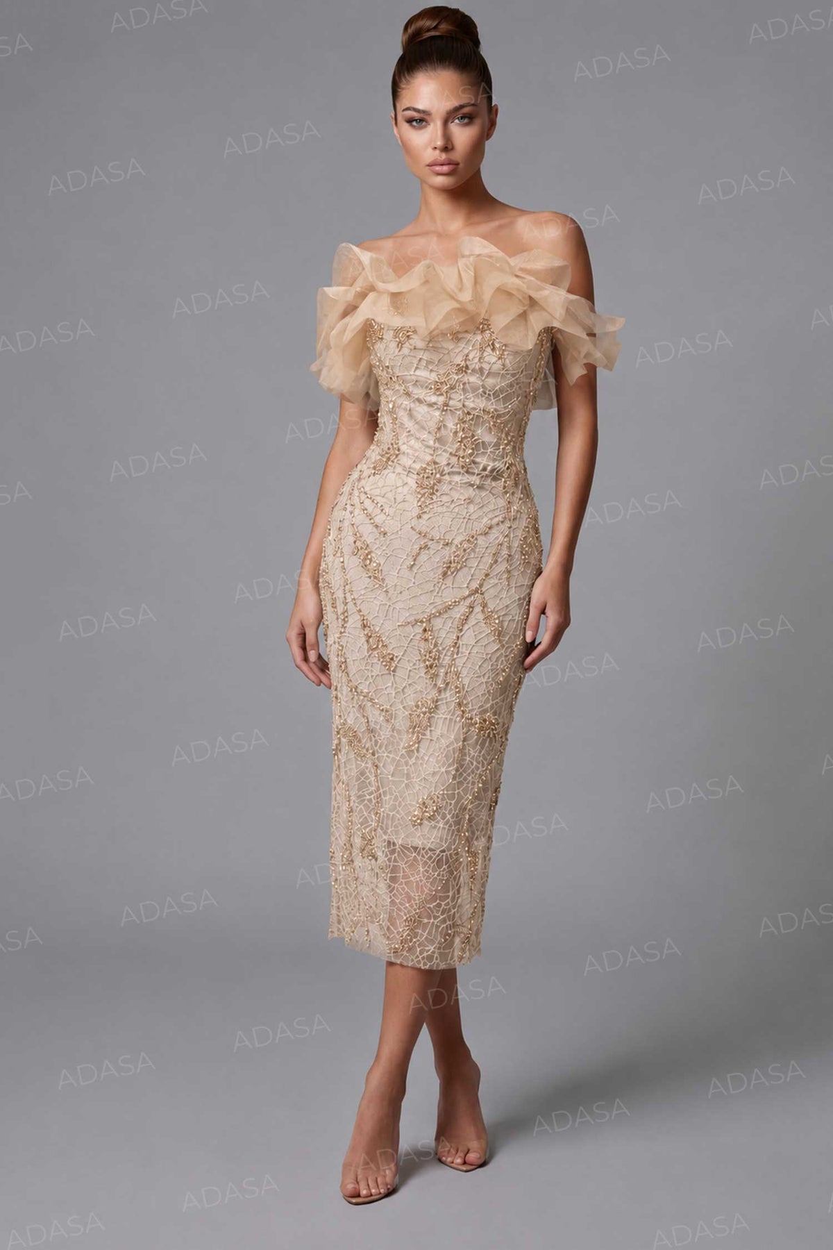 Jovani 44016 - Ruffled Neckline Tea-Length Sheath Dress