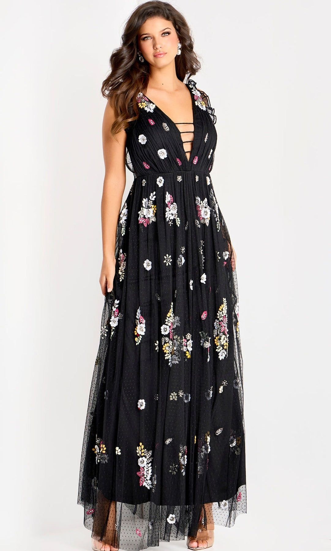 Jovani 44057 Embroidered Floral Plunging Neck Gown
