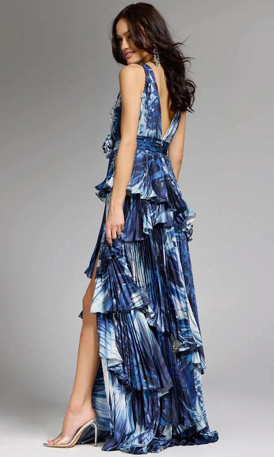 Jovani 44096 - V-Neck Printed Long Gown with Slit Evening Dresses