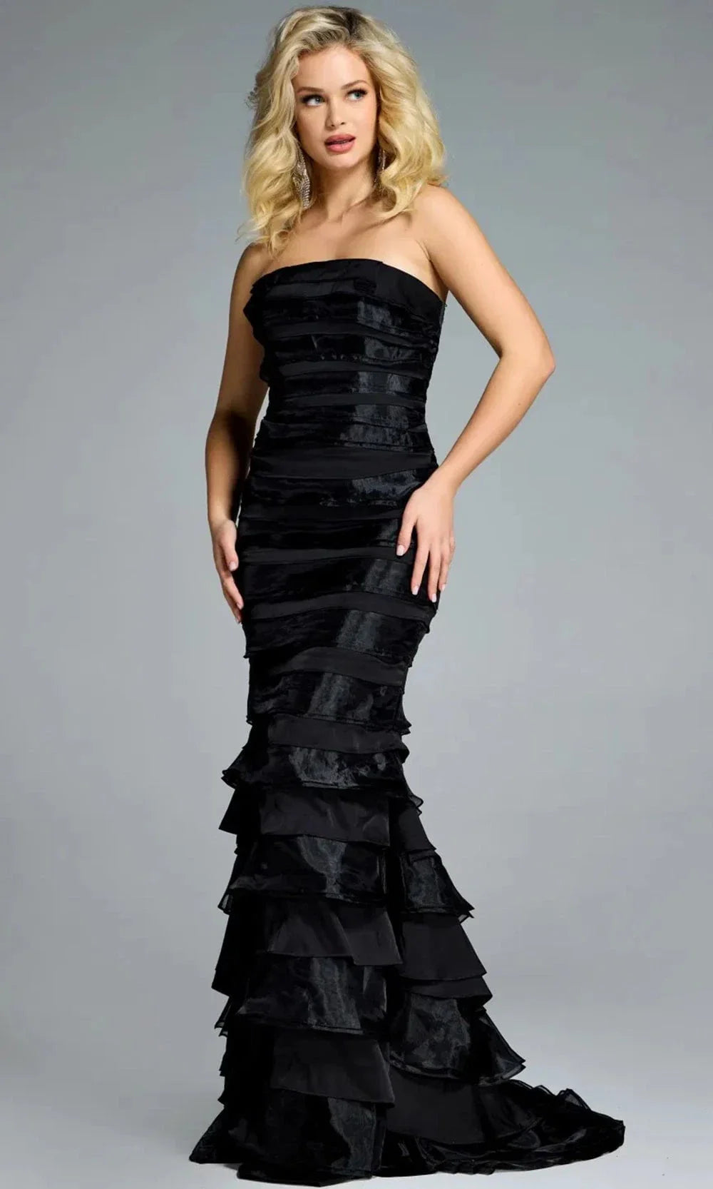 Jovani 44383 - Long Sheath Dress - Strapless, Horizontal Tiered Layers, Fitted, Sweep Train ADASA Jovani 44383 - Long Sheath Dress - Strapless, Horizontal Tiered Layers, Fitted, Sweep Train ADASA